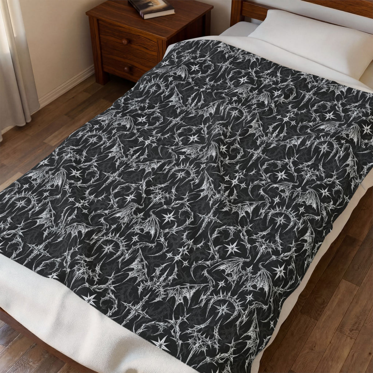 Goth Bat Velveteen Plush Blanket Black
