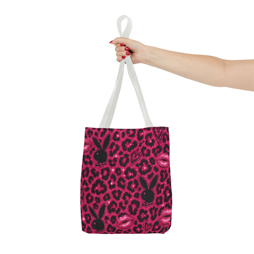 Pink Leopard Print Tote Bag with Black Bunny Silhouettes & Kiss Marks