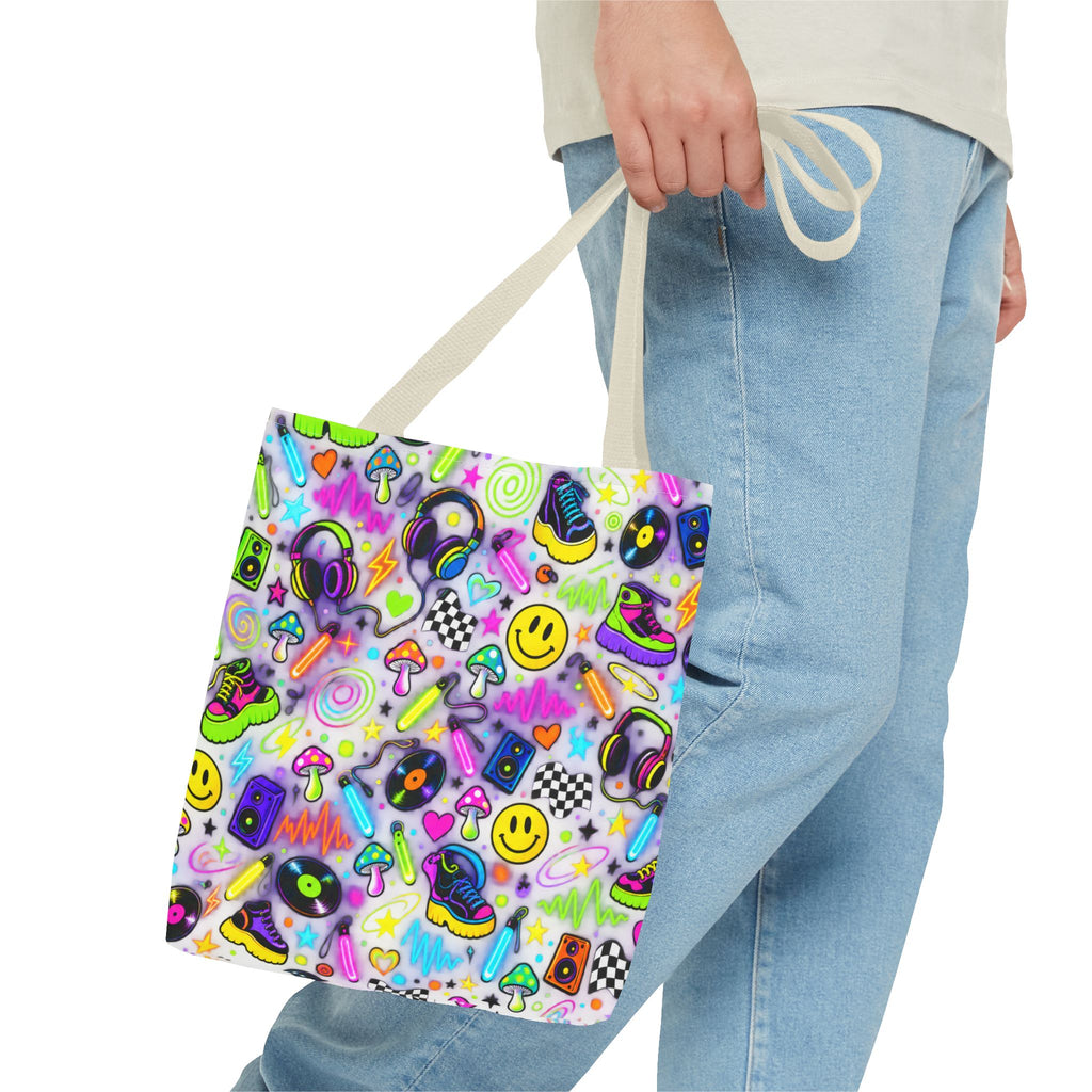 Neon 90s Sticker Collage Tote Bag — Retro Smileys, Records & Psychedelic Icons AOP