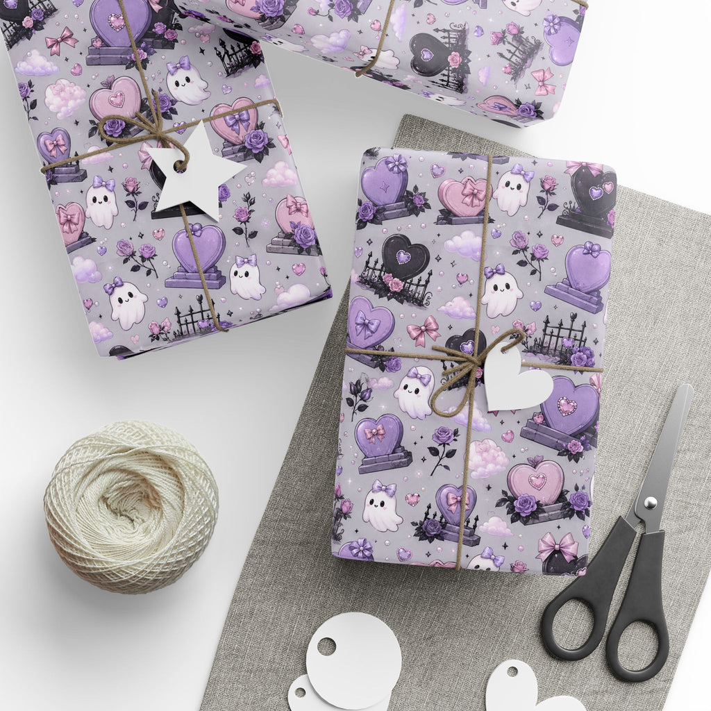 Gothic Cute Lavender Wrapping Paper – Purple Skull, Heart & Rose Pattern